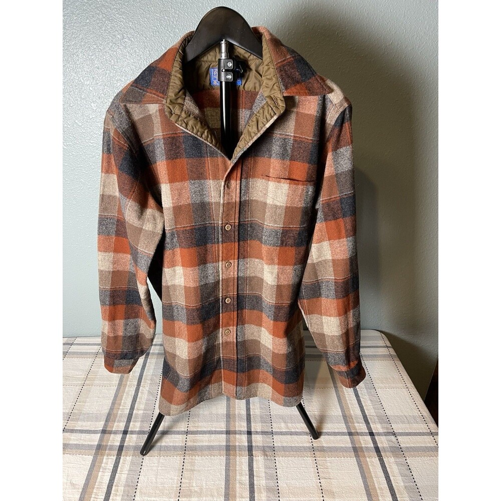 VTG  Pendleton Board Shirt Sz M Orange Brown Plaid Long Sleeve USA Wool 60-70s